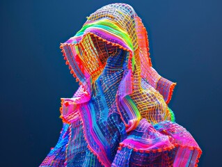 Wall Mural - A colorful scarf is draped over a person's head. The scarf is made of many different colors and has a pom pom on the end. The person is wearing a blue shirt