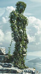 Poster - A statue of a man covered in plants and rocks. The statue is on a rocky ledge overlooking a body of water. The scene is serene and peaceful, with the statue standing tall