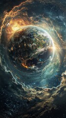 Wall Mural - a colorful planet with a blue sky and clouds. the planet is surrounded by a dark sky with a few star