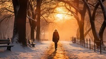 Beautiful winter landscape with a woman walking in the park at sunset