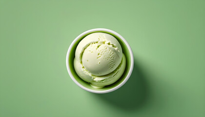 Wall Mural - One rounded scoop pista ice cream white bowl, top view on green background, photorealistic no cone