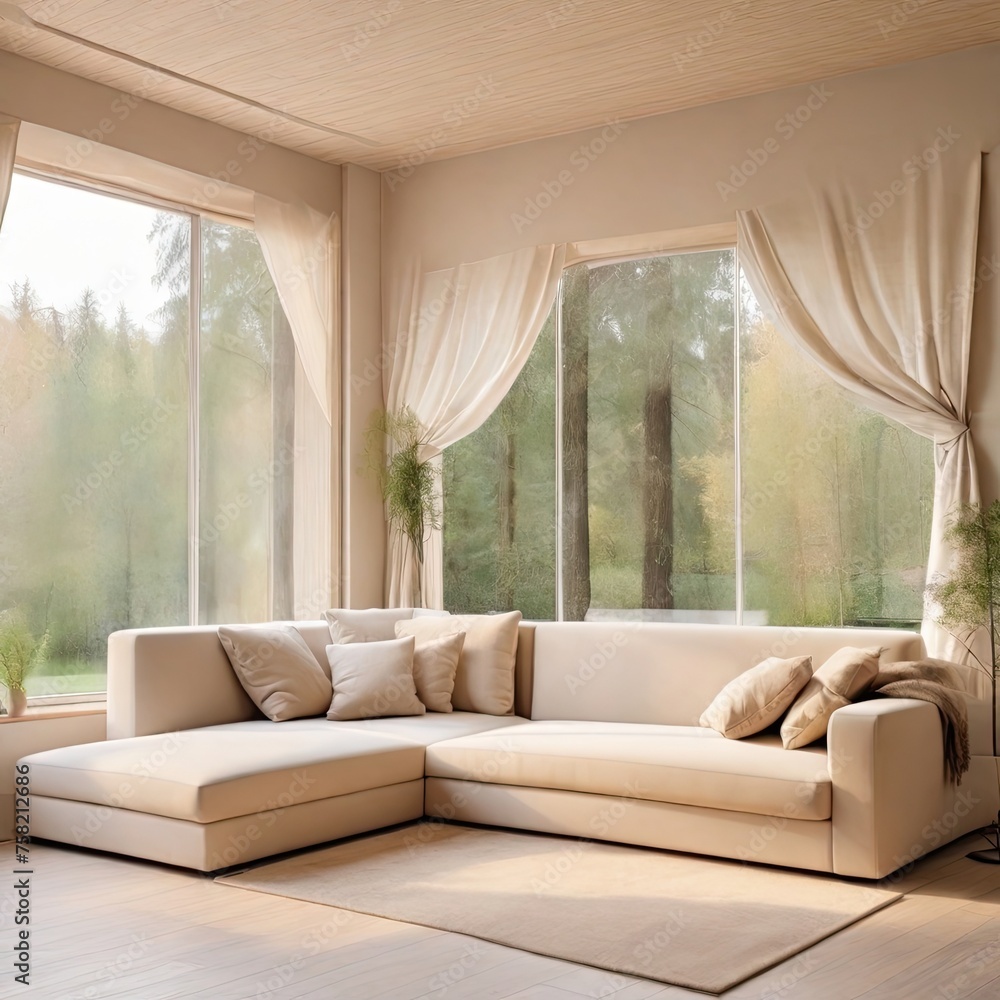 Couch in a beige corner facing Amidst large windows, in a fluffy cocoon ...