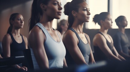 A group of women sitting in a row in a gym. Suitable for fitness and lifestyle concepts