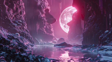 Wall Mural - A pink moon is in the sky above a rocky landscape. The sky is dark and the moon is the only light source. Scene is mysterious and eerie