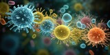 Fototapeta  - A variety of different colored viruses on a dark black background. Ideal for medical or scientific concepts