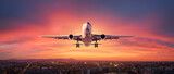 Fototapeta Kosmos - Airplane is flying in colorful sky over city at sunset. Landscape with passenger airplane, skyline, purple sky with red and pink clouds at dusk. Aircraft is landing at twilight. Aerial view of plane