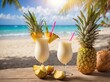 Pina colada cocktails in tropical setting with blurred beach background and text space