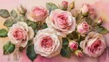 Fototapeta Kwiaty - Różowe róże na różowym tle. Kwiatowa retro tapeta, tło, ilustracja