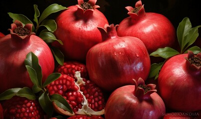 Wall Mural - Pomegranate fruit with leaves on dark background, closeup