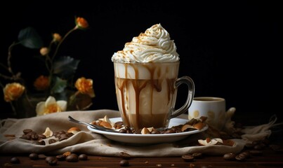 Poster - Coffee with whipped cream and coffee beans on a black background