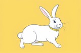 Fototapeta Miasta - White fluffy Easter bunny on pastel yellow background.