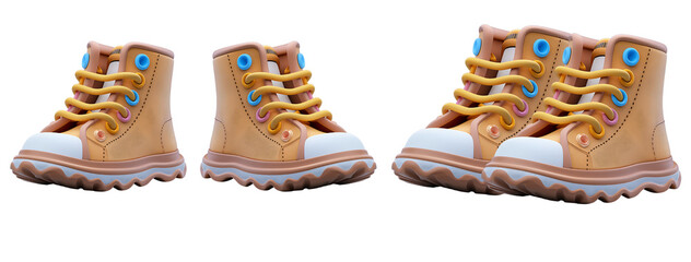 3d cartoon shoe & pair boots set isolated on a transparent or white background, png