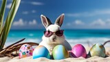 Fototapeta Nowy Jork - white bunny with sunglasses and colorful easter eggs on tropical beach. happy easter concept