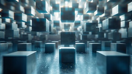 Wall Mural -  a bunch of cubes that are standing in the middle of a room with a light coming through the middle of the room.