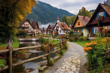 Poster - A quaint village with a picturesque river running through it. Ideal for travel brochures or nature-themed designs