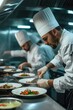 Group of chefs cooking in a commercial kitchen, suitable for culinary concepts