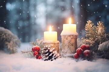 Sticker - Two candles sitting on top of a snow covered ground. Can be used for winter or holiday themed projects