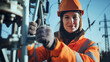 A power plant worker works on a power pole she climbed.