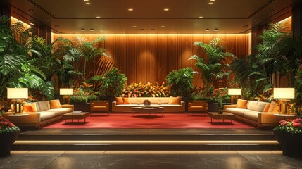 Wall Mural -  a living room filled with lots of couches and potted plants in front of a wall of wooden paneling.