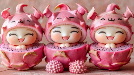 Wall Mural -  a group of three little figurines sitting next to each other on a pink surface with a pink background.