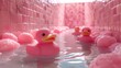  a group of pink rubber ducks floating in a bath room filled with bubble bath balls and a pink tiled wall.
