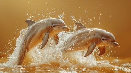 Sticker -  a couple of dolphins are playing in the water with each other and splashing on the surface of the water.