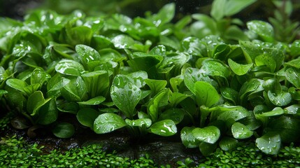  a close up of a green plant with water droplets on it's leaves and leaves on it's surface.