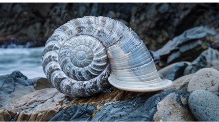  a close up of a snail on a rock near a body of water with rocks in the foreground and a body of water in the background.