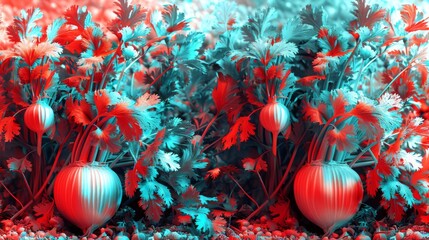 Poster -  a group of red and white vases sitting in the middle of a field of red and white flowers on a sunny day.