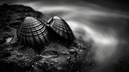 Wall Mural -  a black and white photo of two clamshells on a rock in the water with a flowing stream in the background.