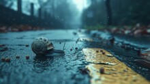  A Snail Sitting On The Side Of A Road In The Middle Of A Rain Soaked Road With Trees In The Background.