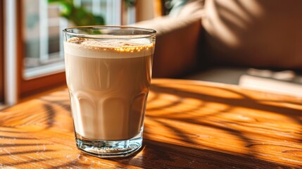 Sticker -  a tall glass of coffee sitting on top of a wooden table next to a window with a person sitting in a chair in the background.