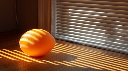  an orange sitting on top of a wooden floor in front of a window with blinds on the side of it.