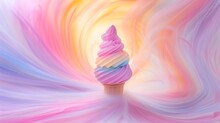  A Colorful Ice Cream Cone Sitting On Top Of A Pink And Blue Swirly Background With A White Cone On Top Of It.