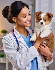  compassionate female veterinarian holding cute little puppy woman in profession