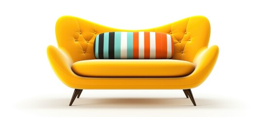 Sticker - A comfortable yellow armchair with a striped pillow on it. This piece of furniture is perfect for adding a pop of color and style to any room