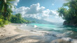 A calm tropical beach with soft sand and gentle waves, under a bright sky with fluffy clouds