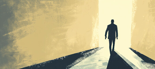 illustration of man walking out of the darkness toward the light
