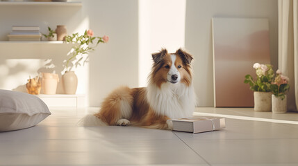 A brown and white dog rests next to a book on the floor, in white sunny interior 