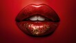Sensual glossy lips with gold highlights on red background, close-up of female mouth with fashion makeup, beauty and cosmetics concept. AI