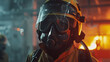 Detailed view of a firefighter's protective face mask against a fiery background, showing safety and technology