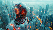 Ai robot standing against futuristic cityscape