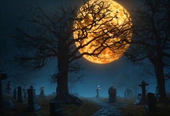 Wall Mural - halloween night scene with moon