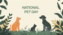 Watercolor Illustration, National Pet Day, Silhouettes Of Cats And Dogs In A Clearing, Grass And Leaves, Vintage Style, Copy Space, Place For Text