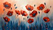  a painting of red poppies in a field of blue grass with a red sky in the background and a blue sky in the background.