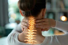  Highlighted Spine Of A Woman With Neck Pain ,The Woman Is Holding Her Neck Highlighting The Pain.