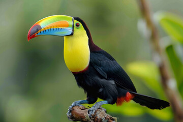Wall Mural - A colorful bird with a long beak is perched on a rock. The bird's bright colors and unique beak make it stand out against the natural surroundings. toucan, one of the most colorful birds in the world