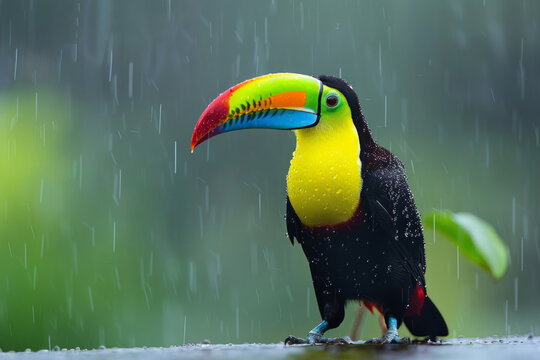 A colorful bird with a long beak is perched on a rock. The bird's bright colors and unique beak make it stand out against the natural surroundings. toucan, one of the most colorful birds in the world
