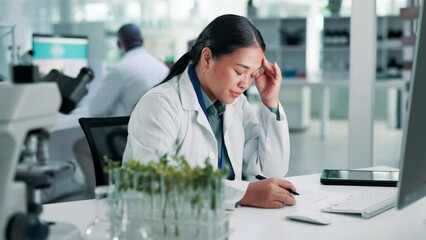 Wall Mural - Science, stress and woman with plants, research or burnout in medical engineering laboratory. Biotech, botany and leaves, scientist or lab technician with anxiety, fatigue or mistake in study results