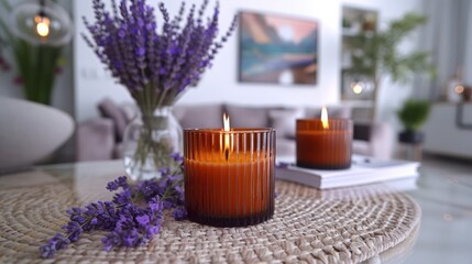 Poster -  a couple of candles sitting on top of a table next to a vase with purple flowers on top of it.